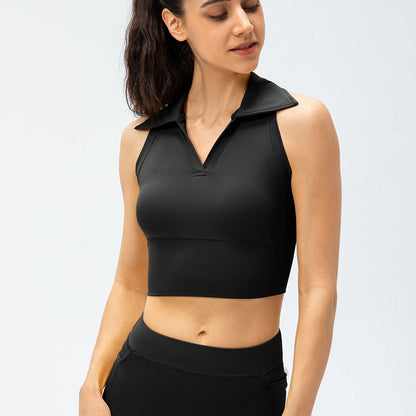 Retro Lapel Collar Cropped Sleeveless Tank Tops