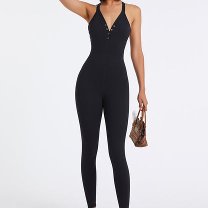 Deep V-Neck Henley Button Onesie