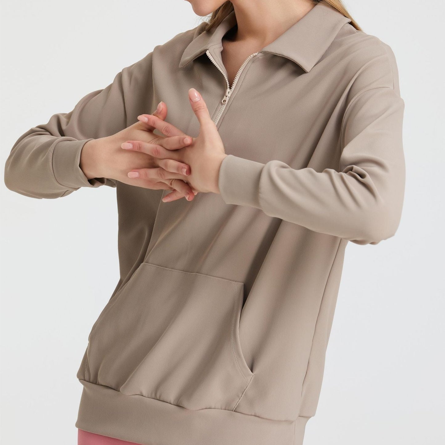 Ribbed Lapel Collar Half-Zip Sweatshirt