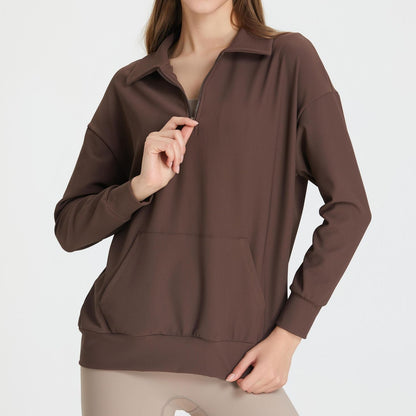 Ribbed Lapel Collar Half-Zip Sweatshirt