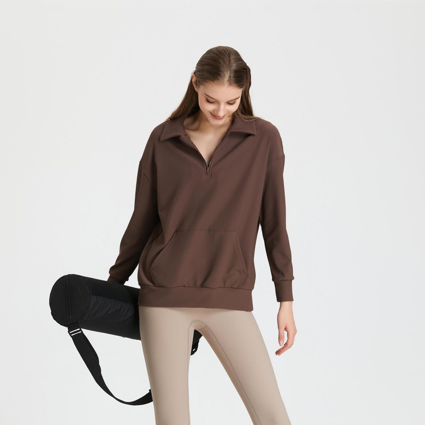 Ribbed Lapel Collar Half-Zip Sweatshirt