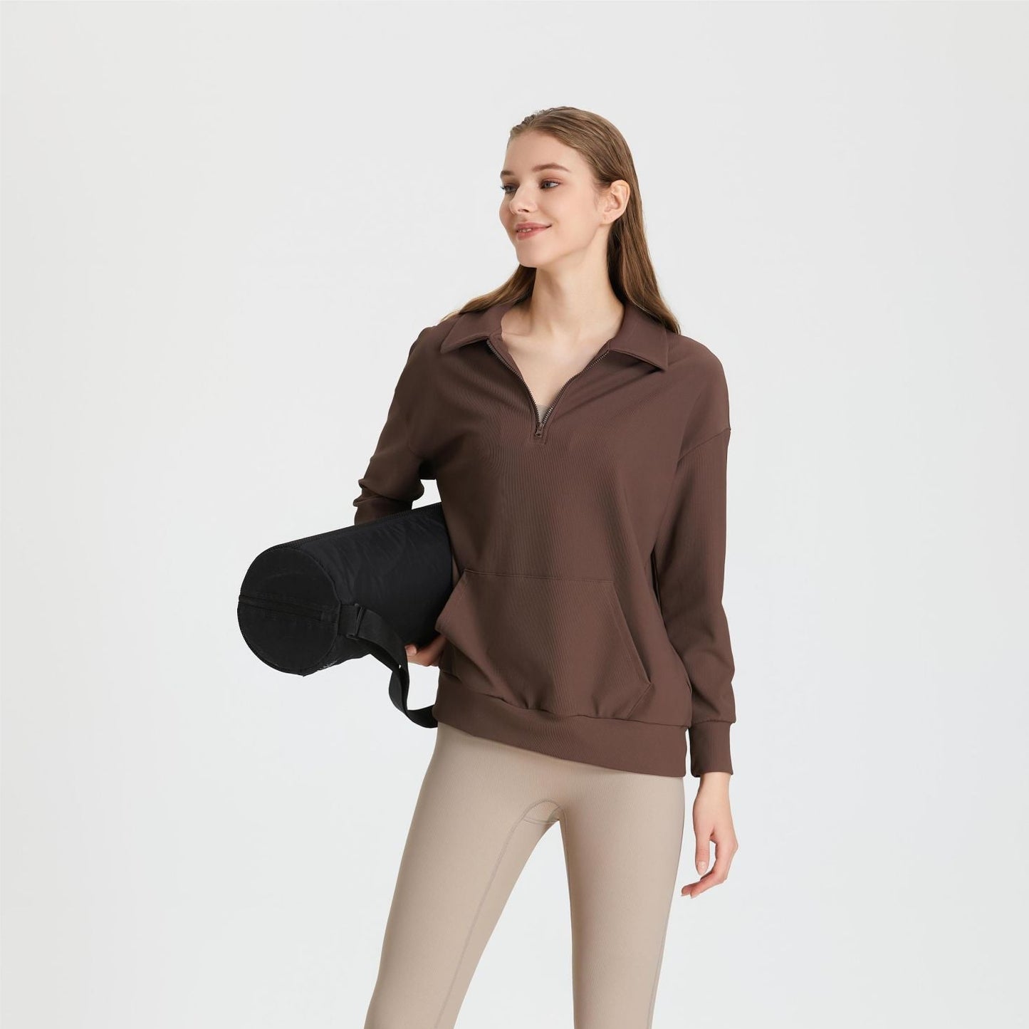Ribbed Lapel Collar Half-Zip Sweatshirt