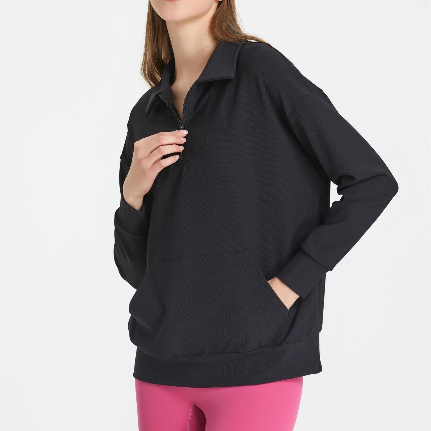 Ribbed Lapel Collar Half-Zip Sweatshirt
