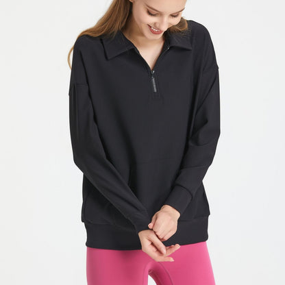 Ribbed Lapel Collar Half-Zip Sweatshirt