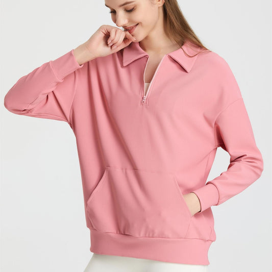 Ribbed Lapel Collar Half-Zip Sweatshirt