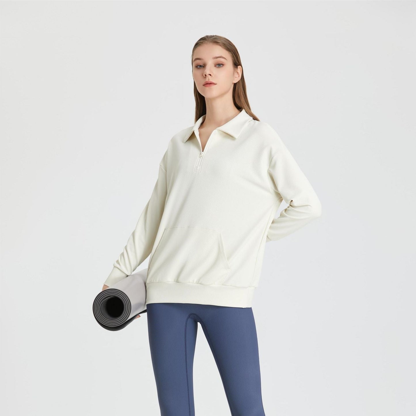 Ribbed Lapel Collar Half-Zip Sweatshirt