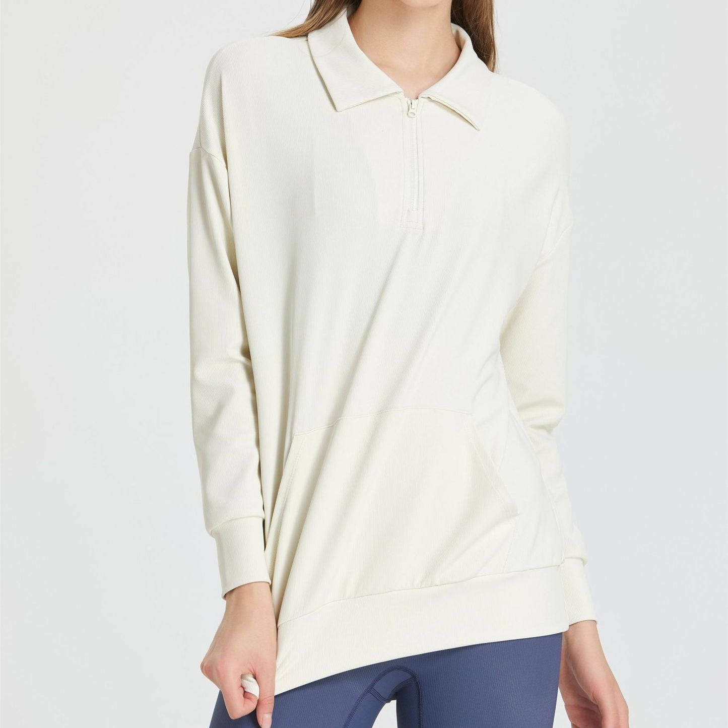 Ribbed Lapel Collar Half-Zip Sweatshirt