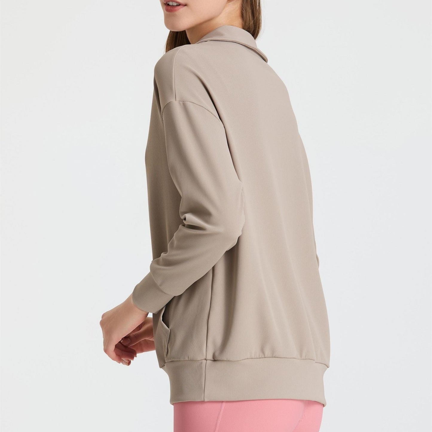 Ribbed Lapel Collar Half-Zip Sweatshirt