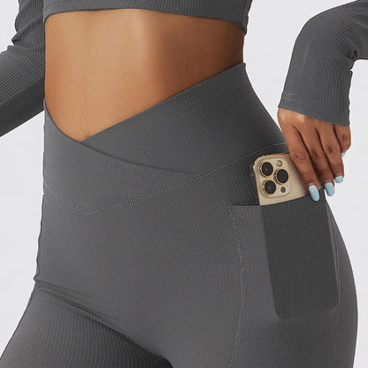 Ribbed V-Cross Leggings with Pockets