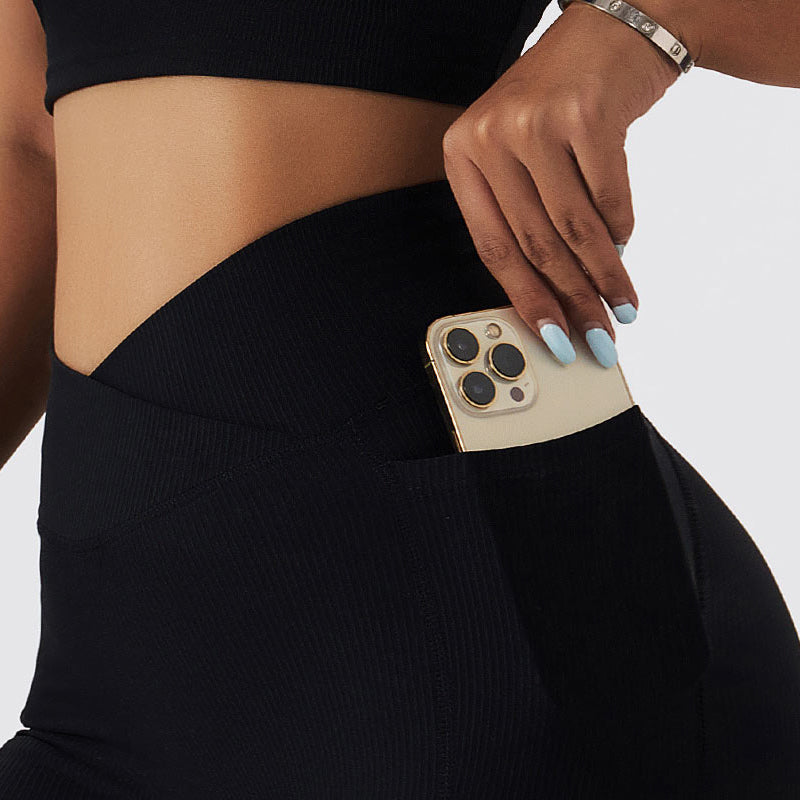 Ribbed V-Cross Leggings with Pockets