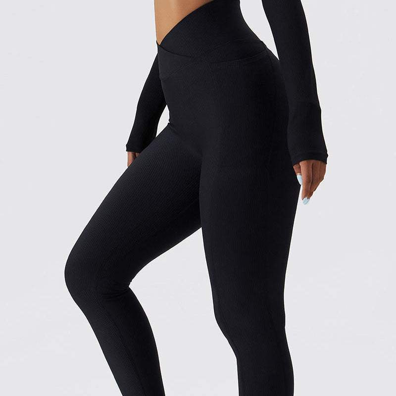 Ribbed V-Cross Leggings with Pockets