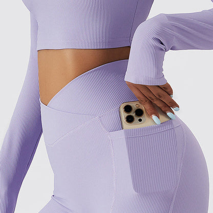 Ribbed V-Cross Leggings with Pockets