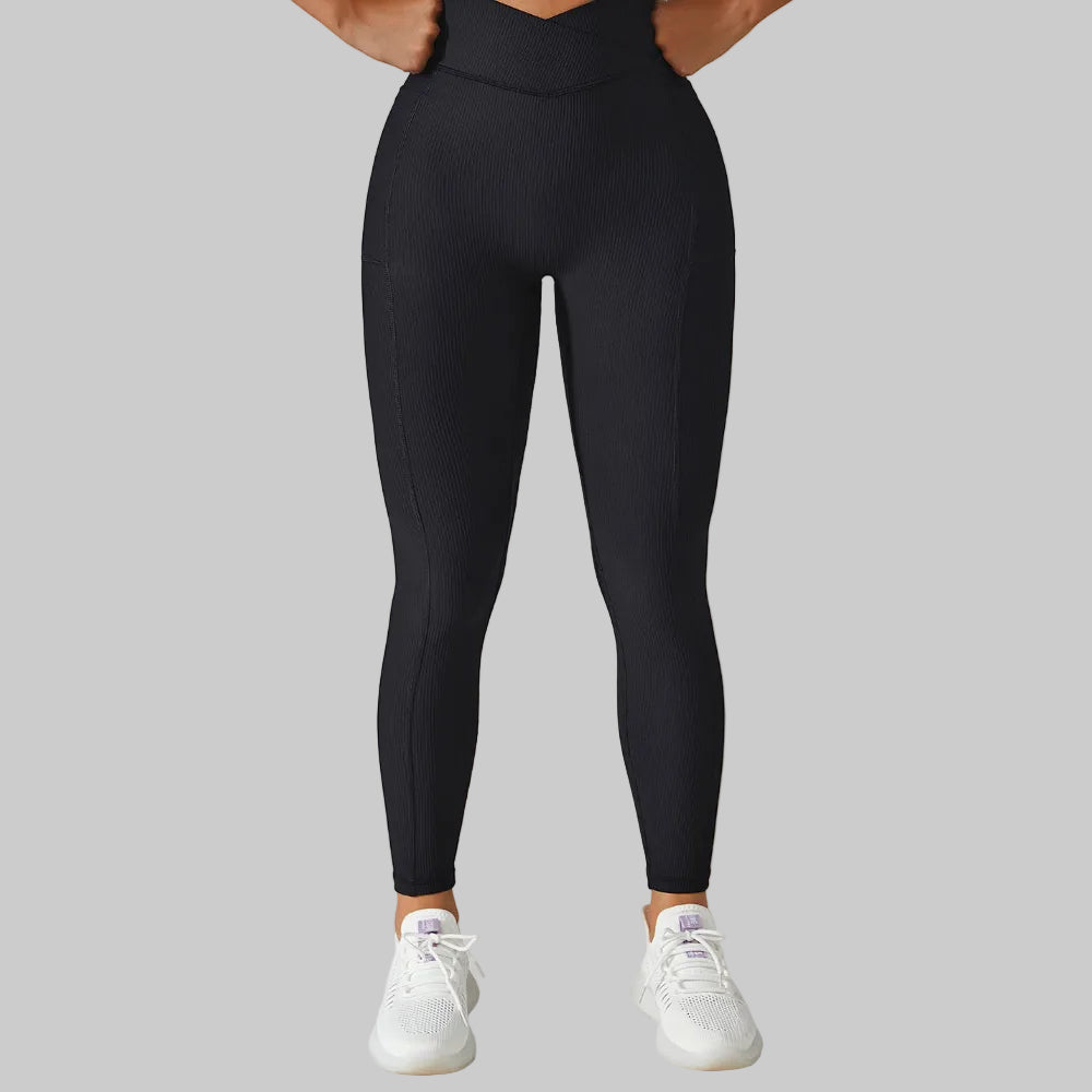 Ribbed V-Cross Leggings with Pockets