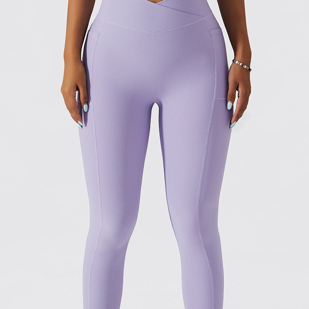 Ribbed V-Cross Leggings with Pockets