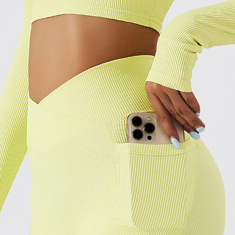 Ribbed V-Cross Leggings with Pockets