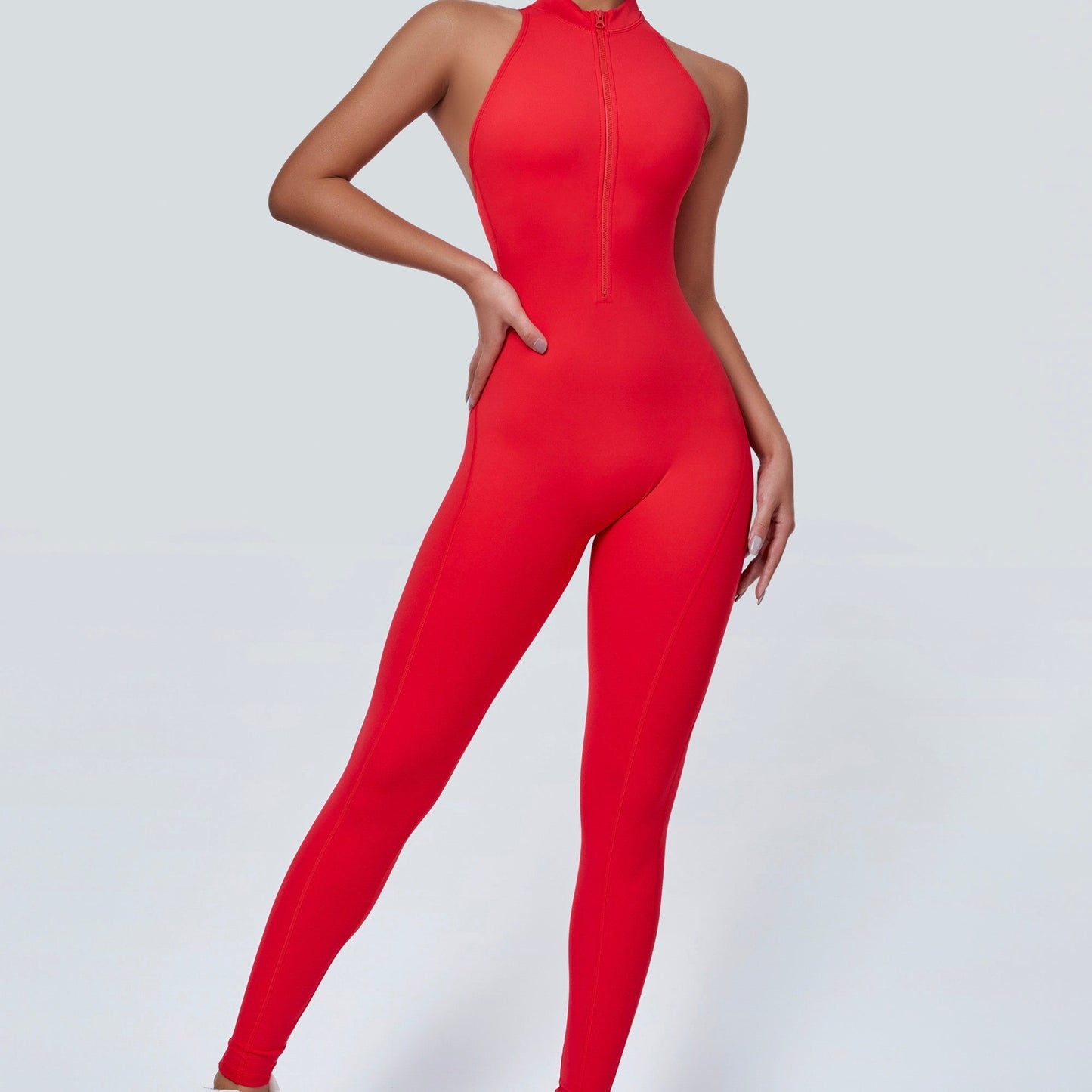 Sleeveless Half-Zip Scrunch Butt Active Jumpsuits