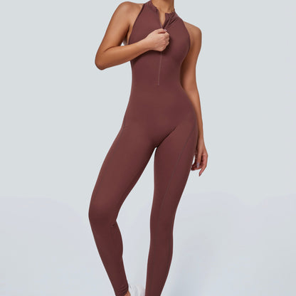 Sleeveless Half-Zip Scrunch Butt Active Jumpsuits