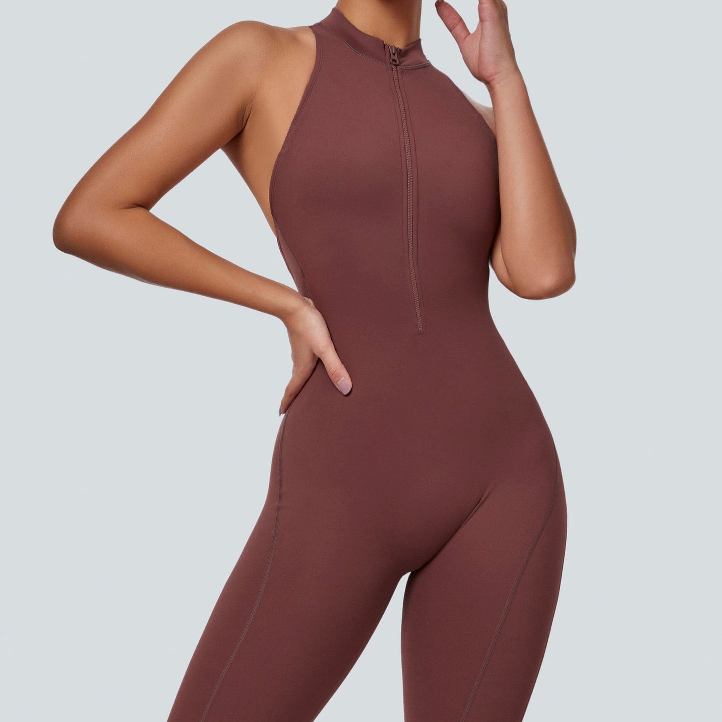 Sleeveless Half-Zip Scrunch Butt Active Jumpsuits
