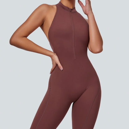 Sleeveless Half-Zip Scrunch Butt Active Jumpsuits