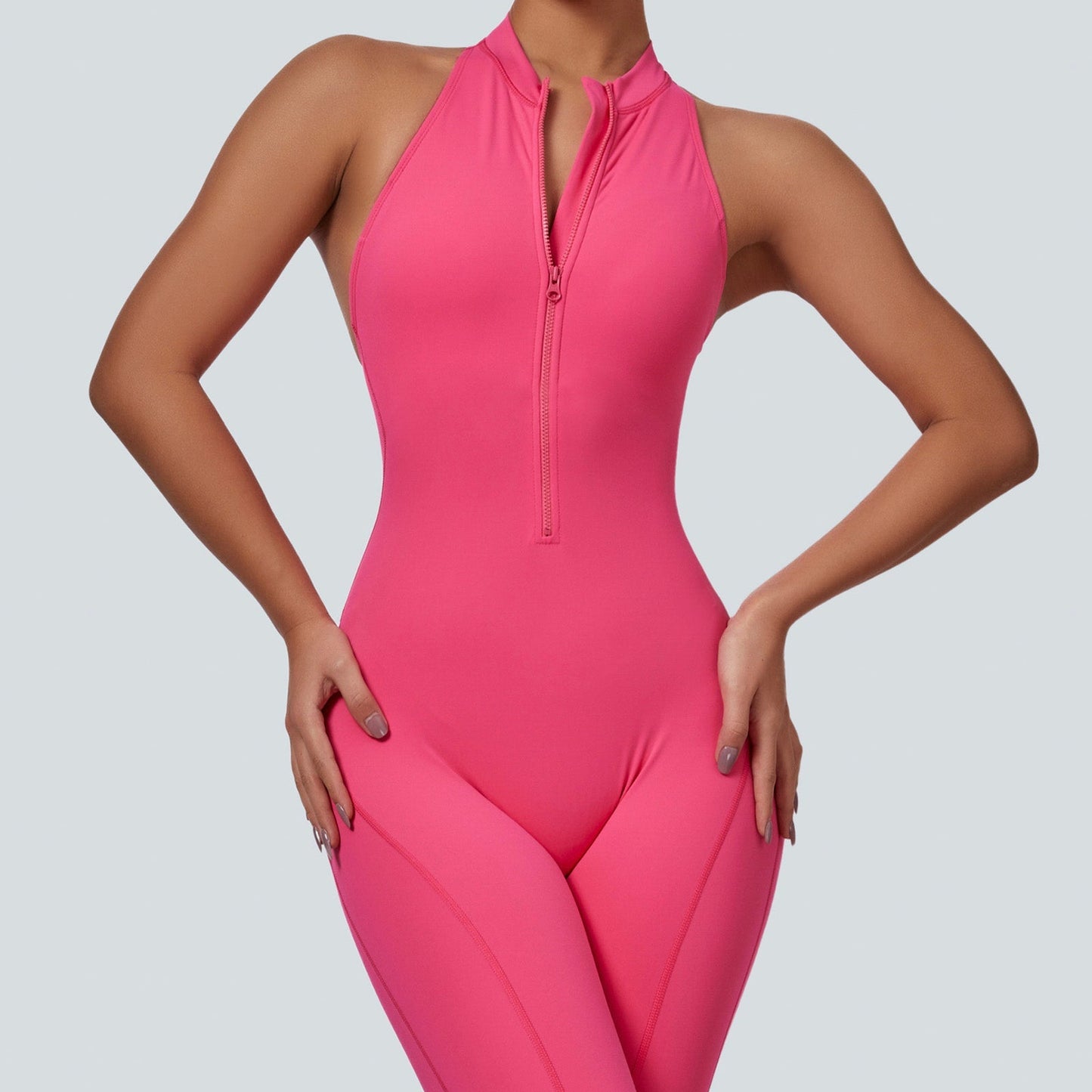 Sleeveless Half-Zip Scrunch Butt Active Jumpsuits