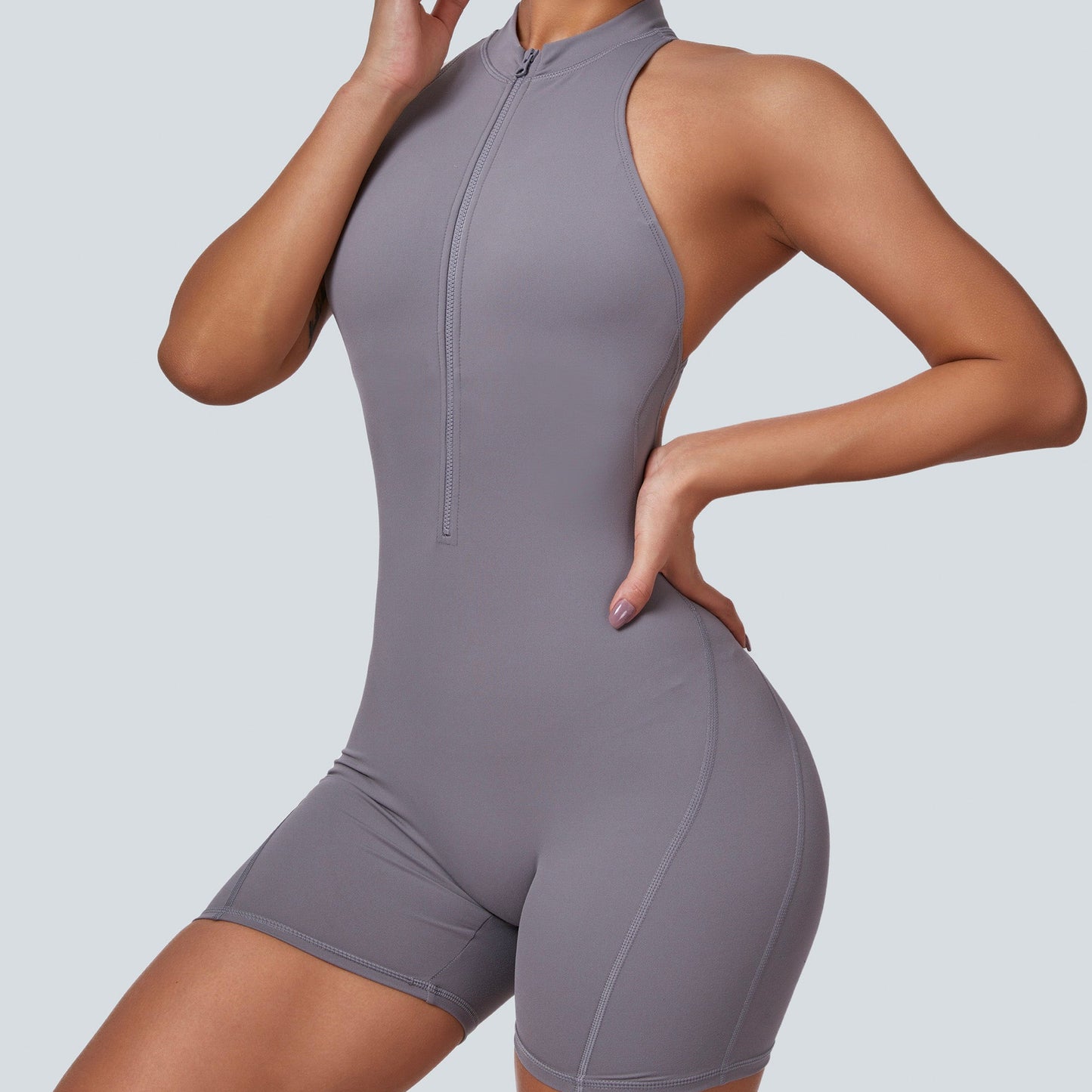 Sleeveless Half-Zip Scrunch Butt Workout Romper