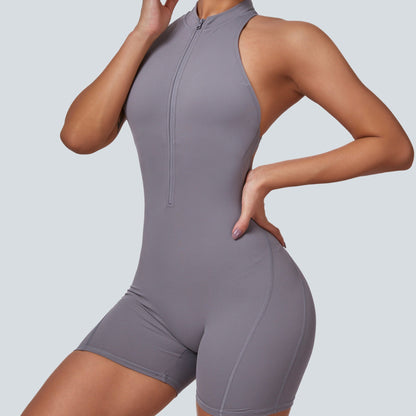 Sleeveless Half-Zip Scrunch Butt Workout Romper