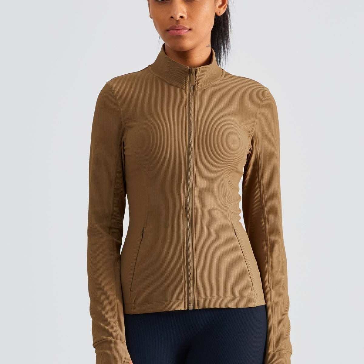 Ribbed Stand-Collar Full Zip Track Jacket