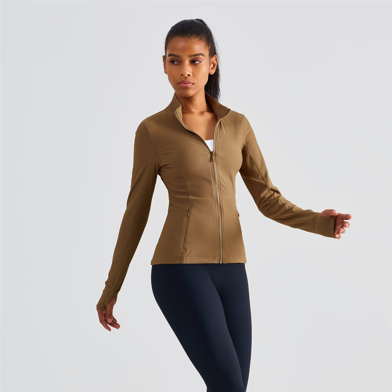 Ribbed Stand-Collar Full Zip Track Jacket