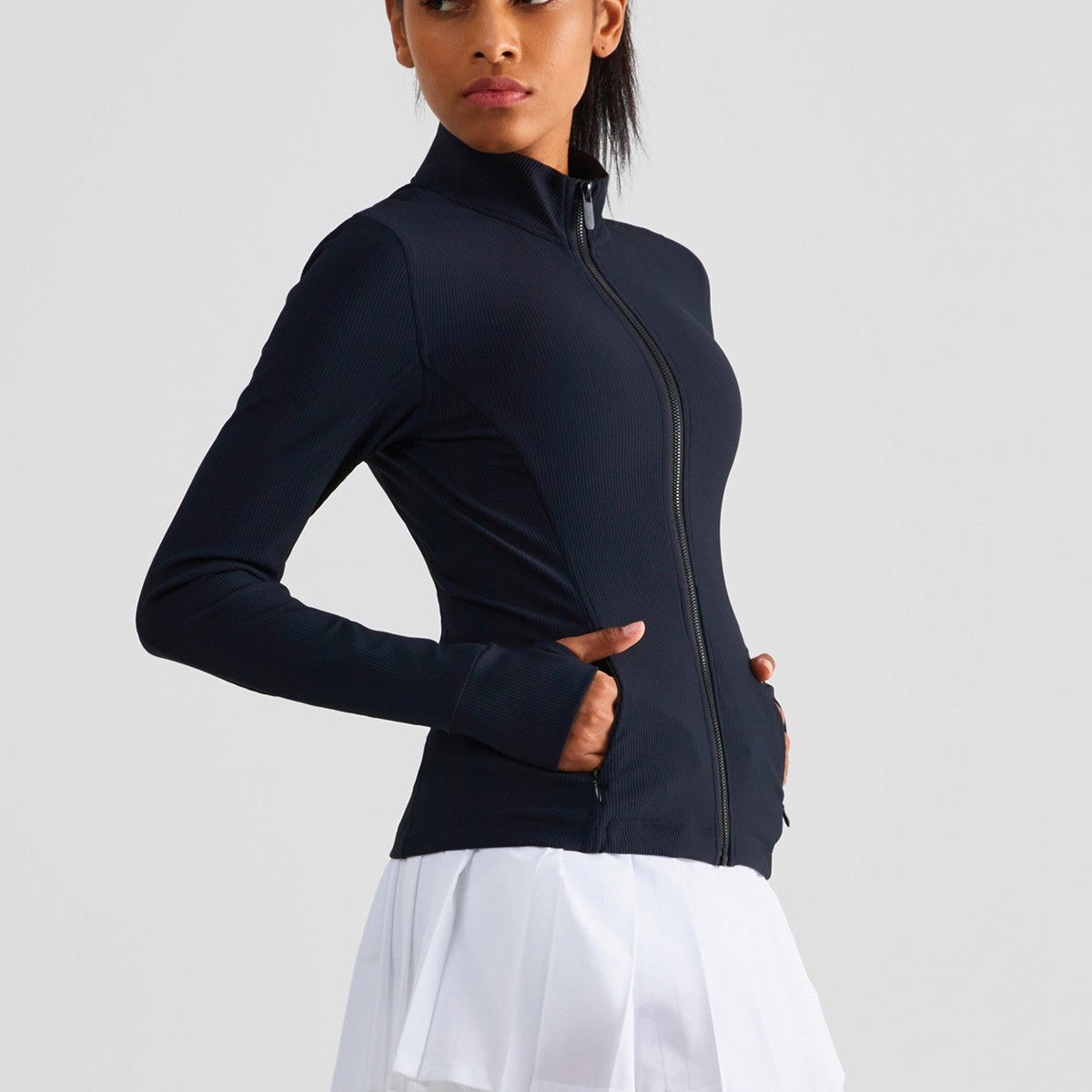 Ribbed Stand-Collar Full Zip Track Jacket