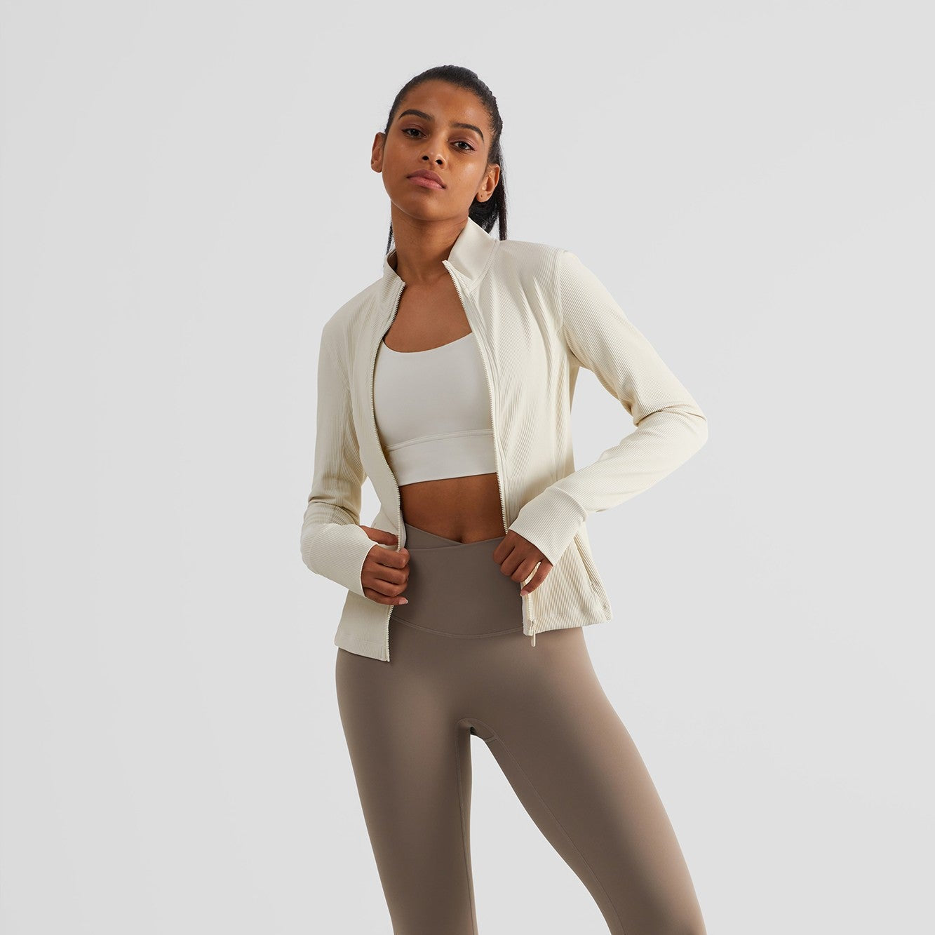 Ribbed Stand-Collar Full Zip Track Jacket