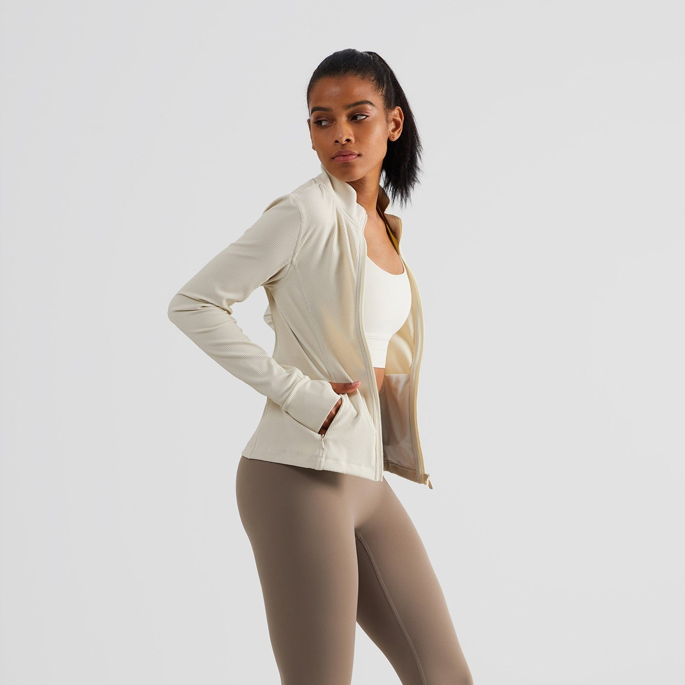 Ribbed Stand-Collar Full Zip Track Jacket